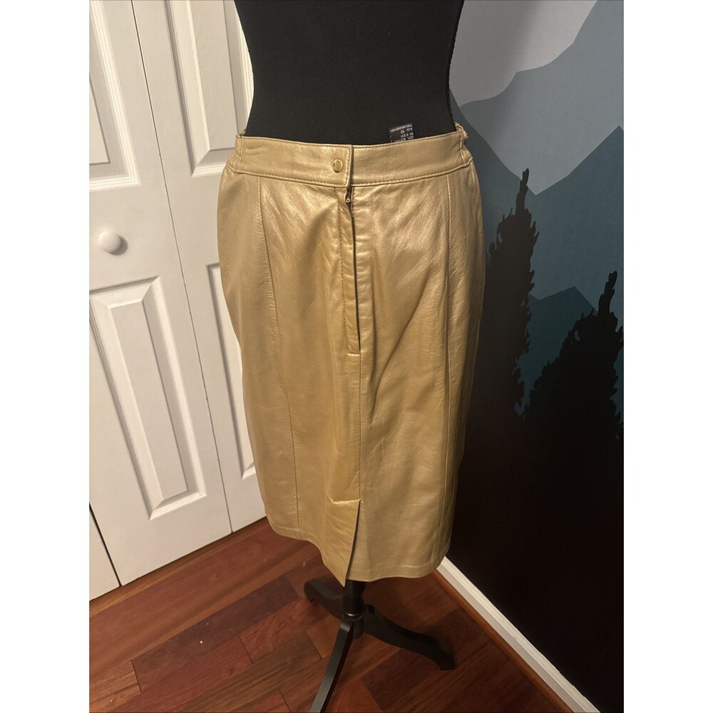 Vintage 1980s Suzelle Authentic Leather Gold Knee Length Skirt Size 10